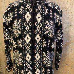 Vintage SKYR Sweater Lambswool Nordic Snowflake Black Full Zip Womens Small